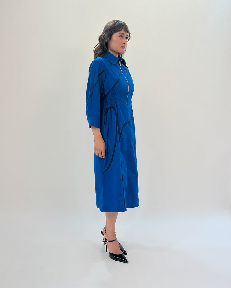 Yara tape dress-E.blue & Navy 100% cotton Buy Yara tape dress-E.blue & Navy from C&W | Dresses for Women by Leh Studios in navy color for women in Singapore