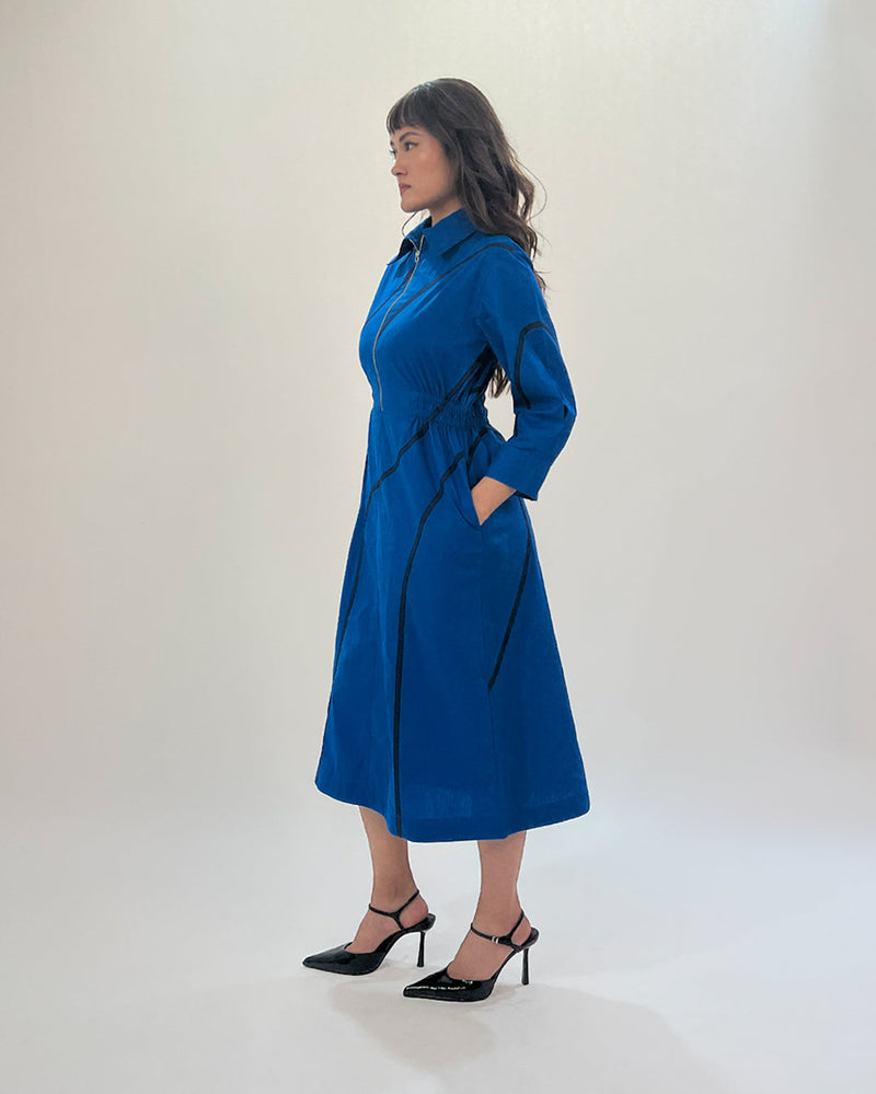 Yara tape dress-E.blue & Navy 100% cotton Buy Yara tape dress-E.blue & Navy from C&W | Dresses for Women by Leh Studios in navy color for women in Singapore