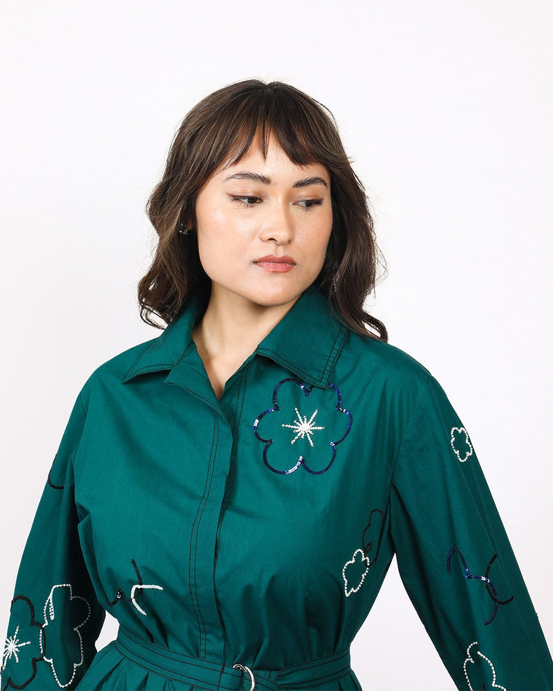 Ditsy embroidered fence shirt 100% cotton Buy Ditsy embroidered fence shirt from C&W | Dresses for Women by Leh Studios in green color for women in Singapore