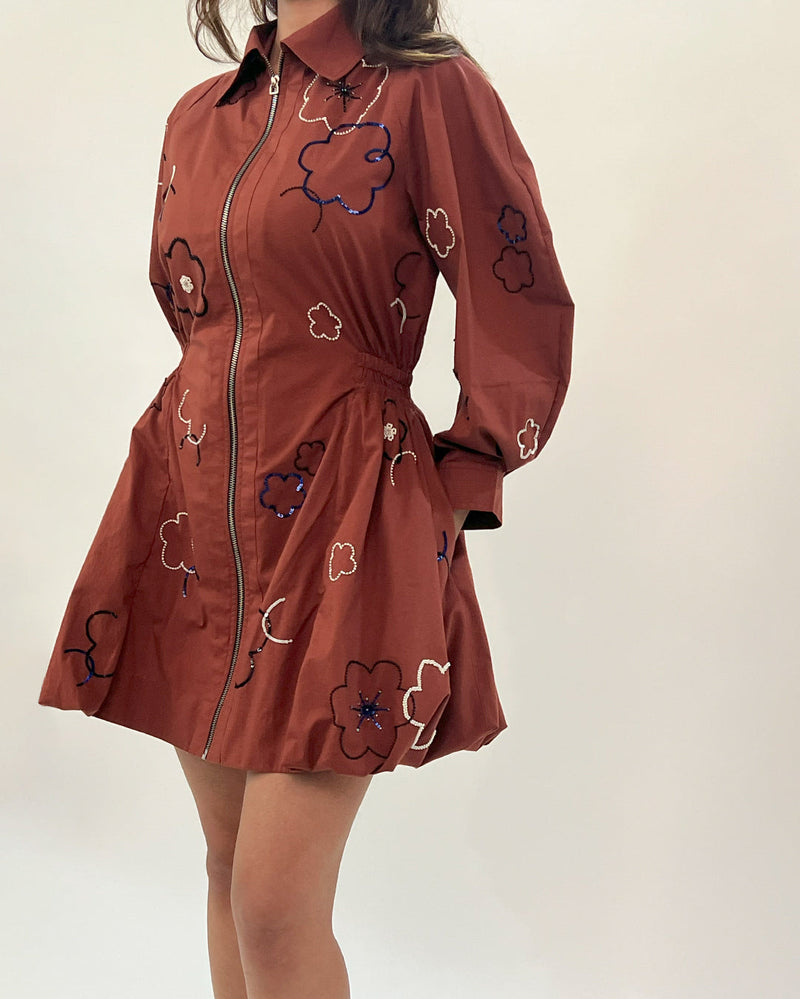Embroidered bubble hem dress 100% cotton Buy Embroidered bubble hem dress from C&W | Dresses for Women by Leh Studios in brown color for women in Singapore