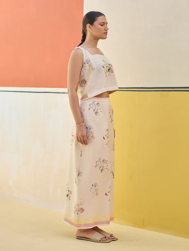 Ayaka Watercolor Floral Crop Top 
- Sand linen by Manan in natural color for women in Singapore