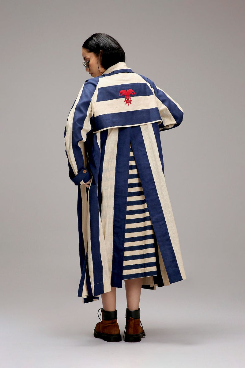 Egg-Shell Big Striped Trench Jacket cotton by Mati in white color for women in Singapore