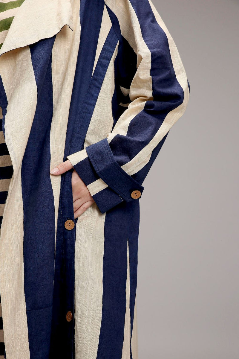 Egg-Shell Big Striped Trench Jacket cotton by Mati in white color for women in Singapore