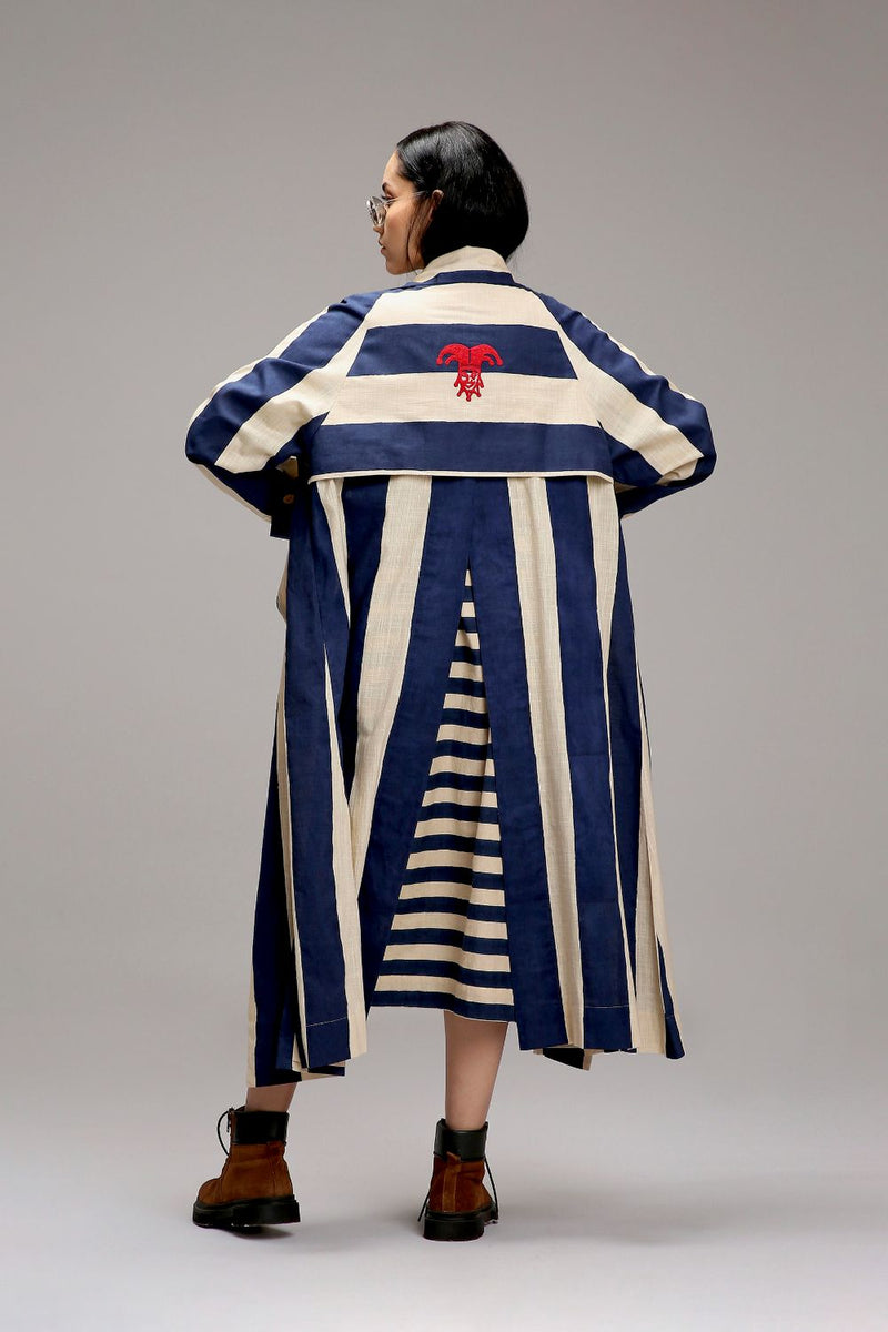 Egg-Shell Big Striped Trench Jacket cotton by Mati in white color for women in Singapore