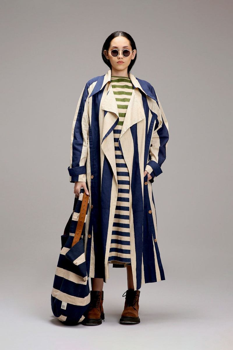 Egg-Shell Big Striped Trench Jacket cotton by Mati in white color for women in Singapore