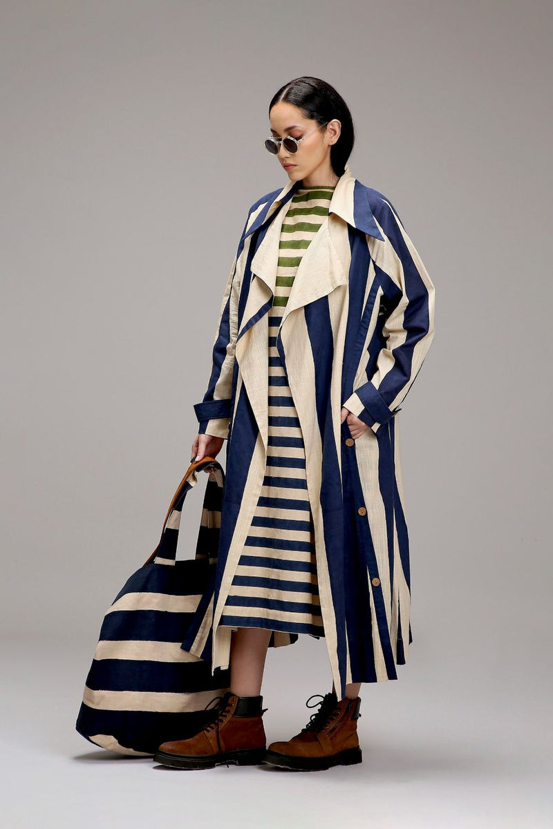 Egg-Shell Big Striped Trench Jacket cotton by Mati in white color for women in Singapore