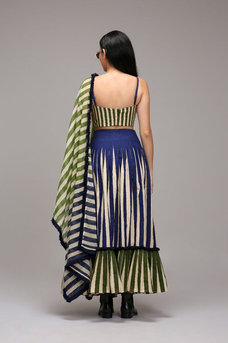 Egg-Shell Blue Green Dual Striped Skirt cotton by Mati in white color for women in Singapore