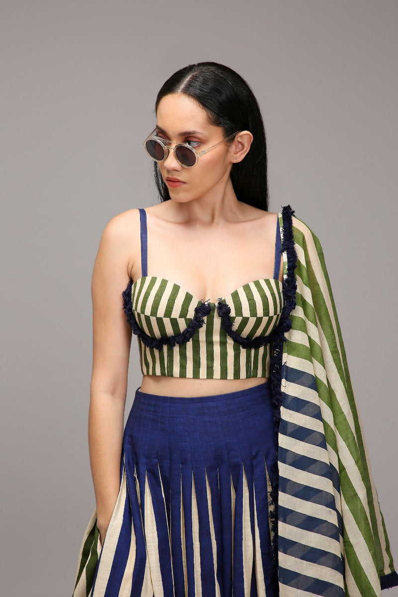 Egg-Shell Blue Green Dual Striped Skirt cotton by Mati in white color for women in Singapore