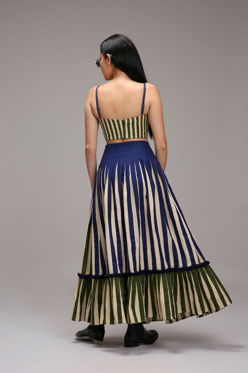 Egg-Shell Blue Green Dual Striped Skirt cotton by Mati in white color for women in Singapore
