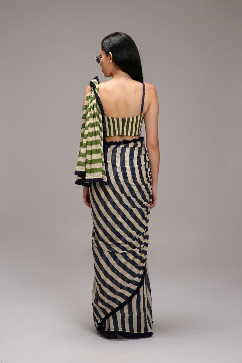 Egg-Shell Blue Green Dual Striped Saree cotton by Mati in white color for women in Singapore
