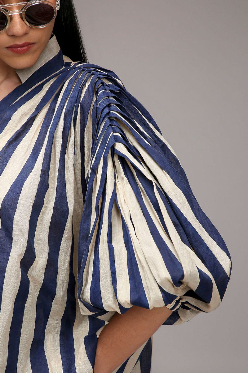 Egg-Shell Blue Striped Baha Tunic Set (2 PCS) cotton by Mati in white color for women in Singapore