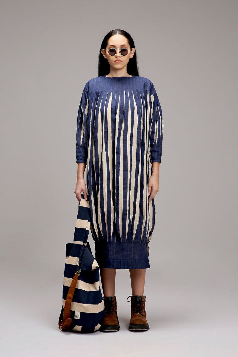 Egg-Shell Blue Striped Balloon Dress cotton by Mati in white color for women in Singapore