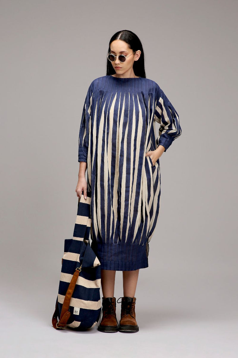 Egg-Shell Blue Striped Balloon Dress cotton by Mati in white color for women in Singapore