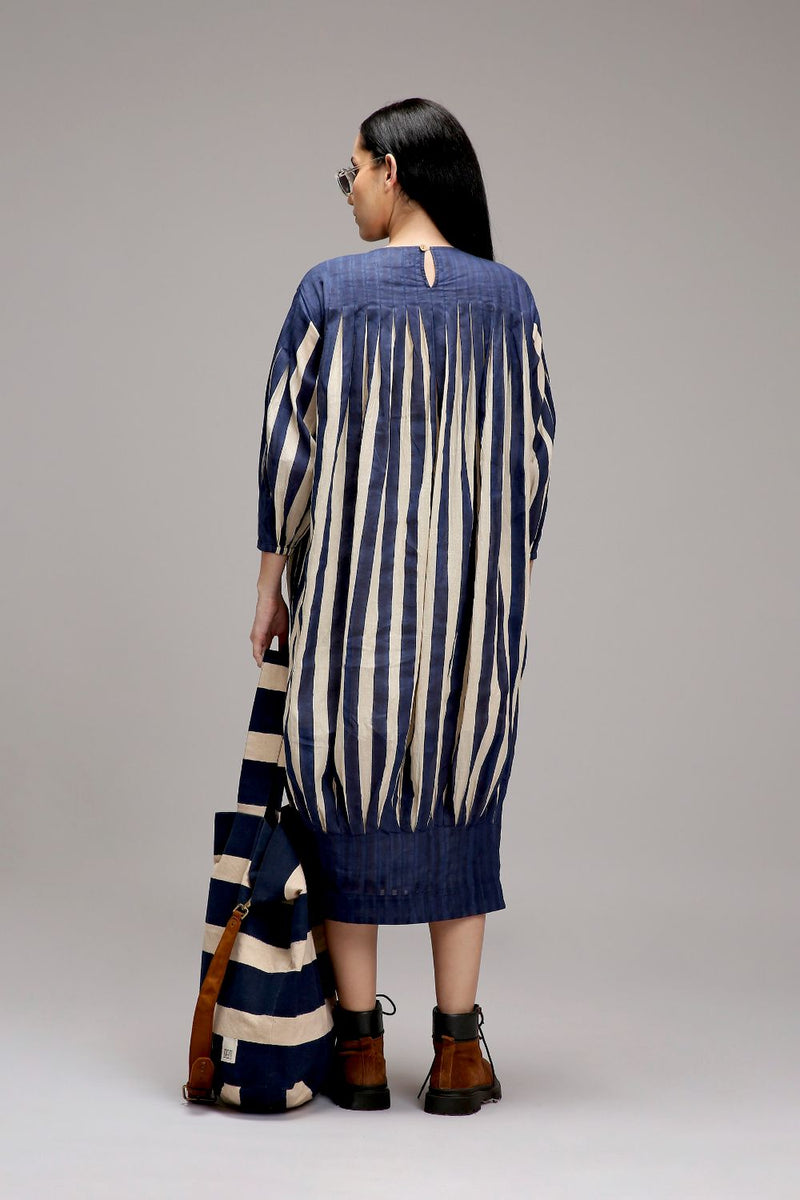 Egg-Shell Blue Striped Balloon Dress cotton by Mati in white color for women in Singapore
