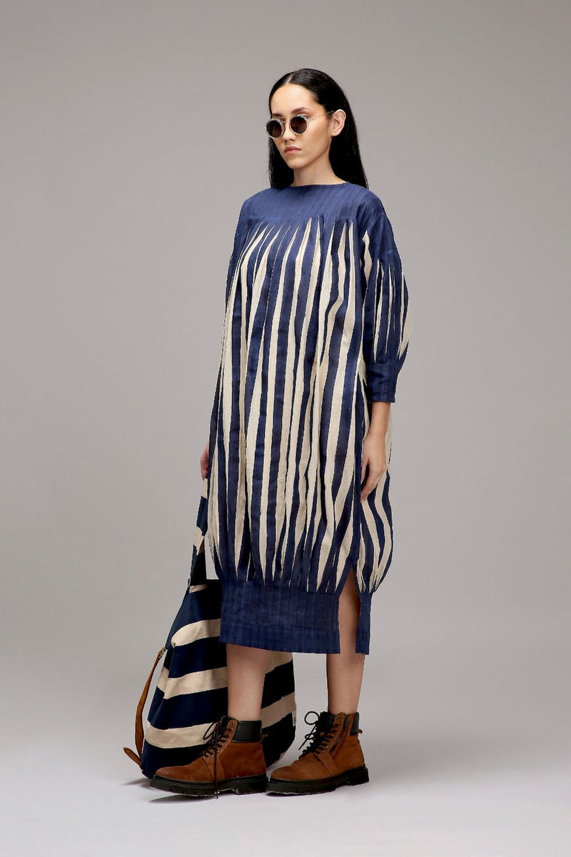 Egg-Shell Blue Striped Balloon Dress cotton by Mati in white color for women in Singapore