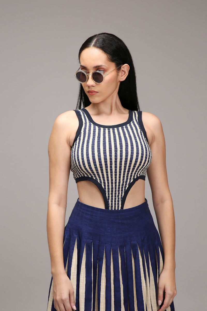 Egg-Shell Blue Striped Bodysuit cotton by Mati in white color for women in Singapore