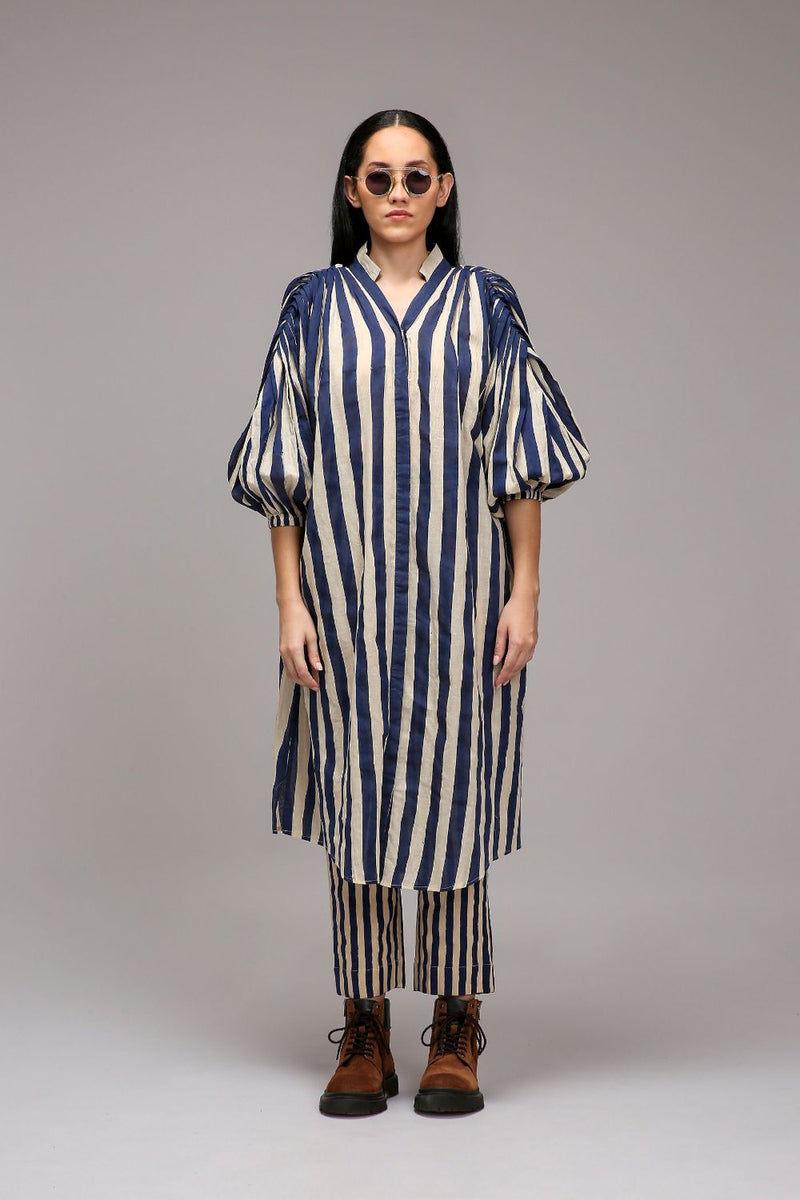 Egg-Shell Blue Striped SE Pant cotton by Mati in white color for women in Singapore