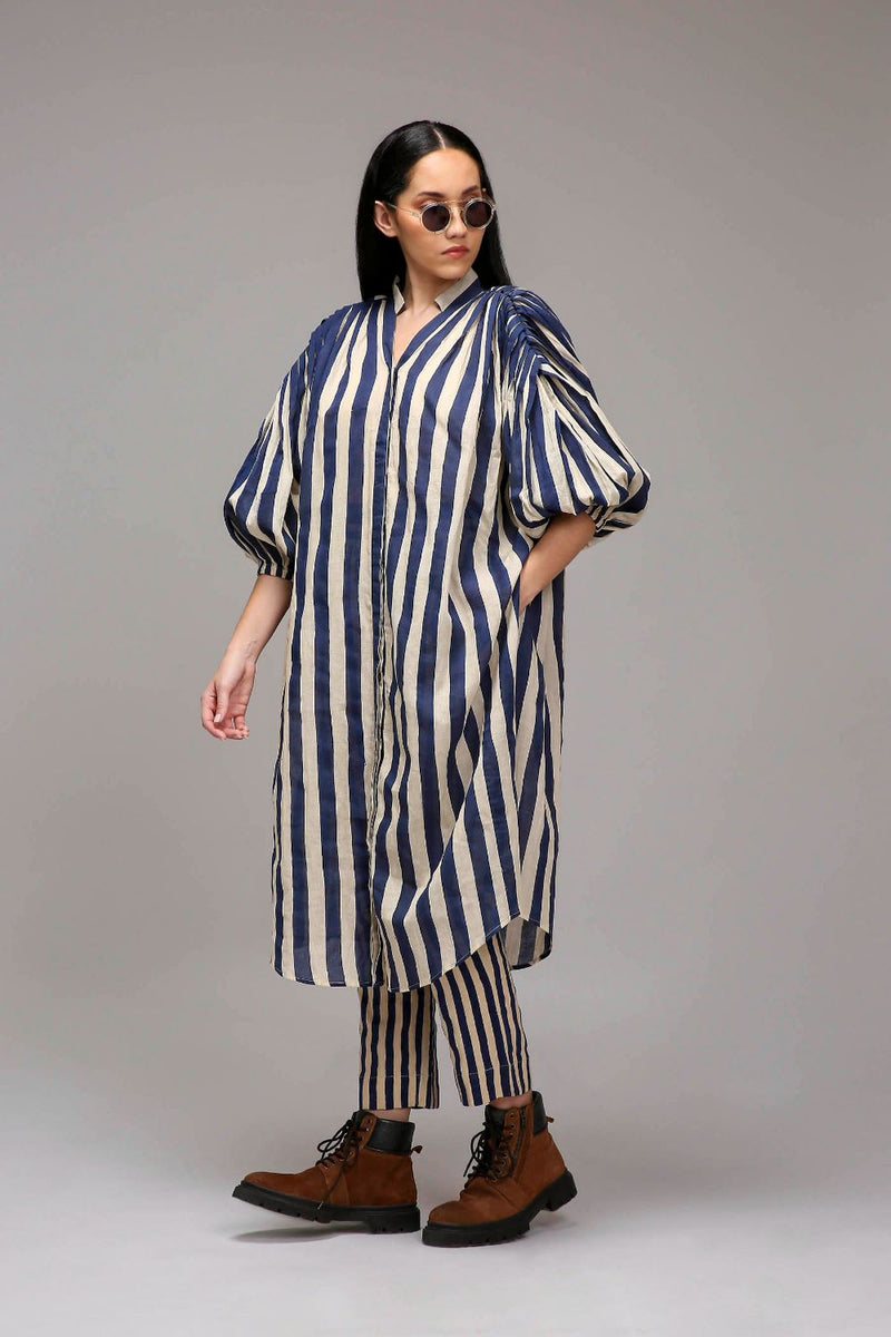 Egg-Shell Blue Striped SE Pant cotton by Mati in white color for women in Singapore