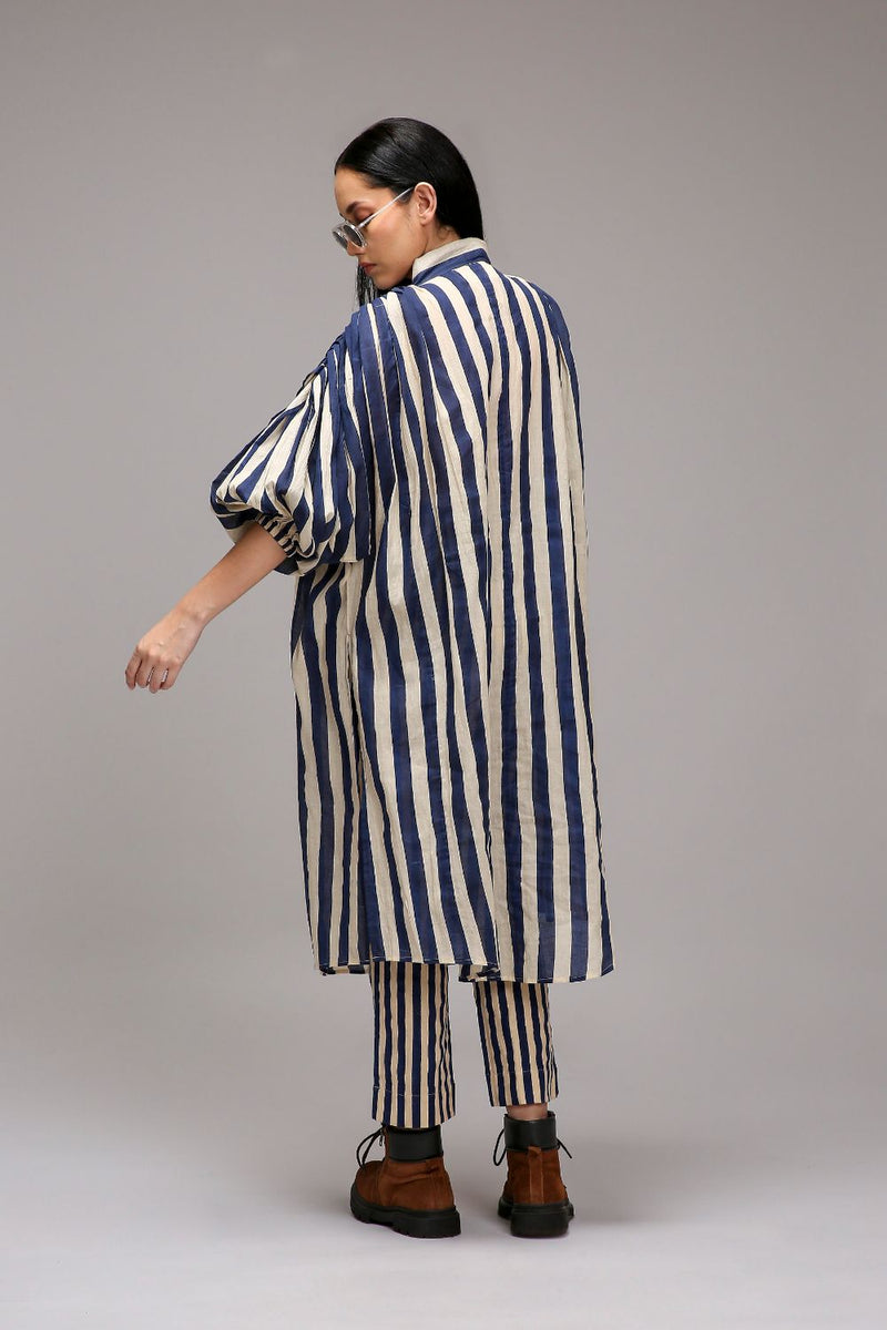 Egg-Shell Blue Striped SE Pant cotton by Mati in white color for women in Singapore