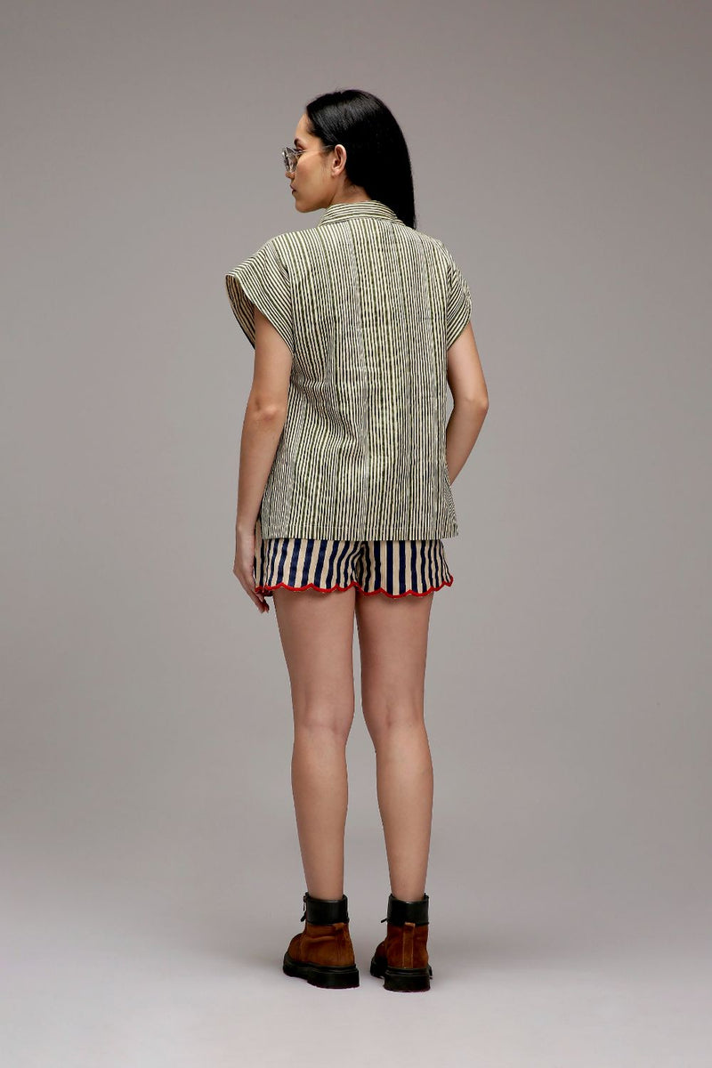 Egg-Shell Blue Striped Scallop Shorts cotton by Mati in white color for women in Singapore
