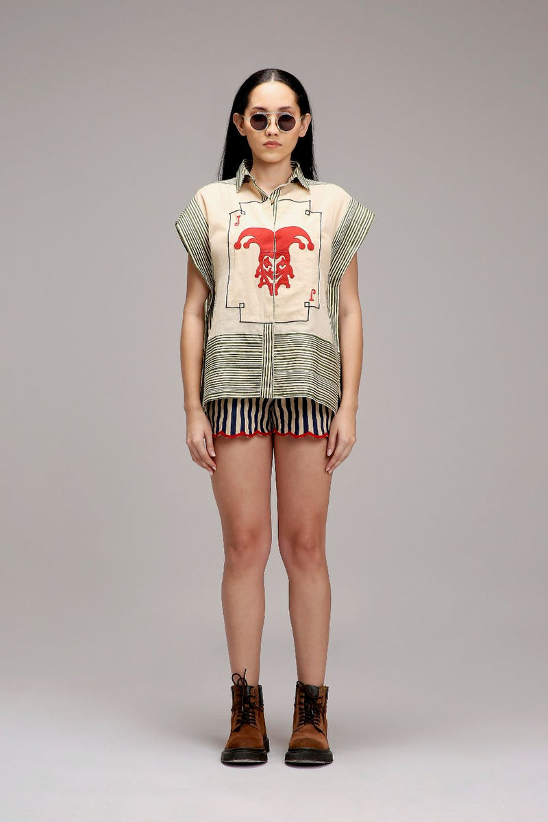 Egg-Shell Blue Striped Scallop Shorts cotton by Mati in white color for women in Singapore