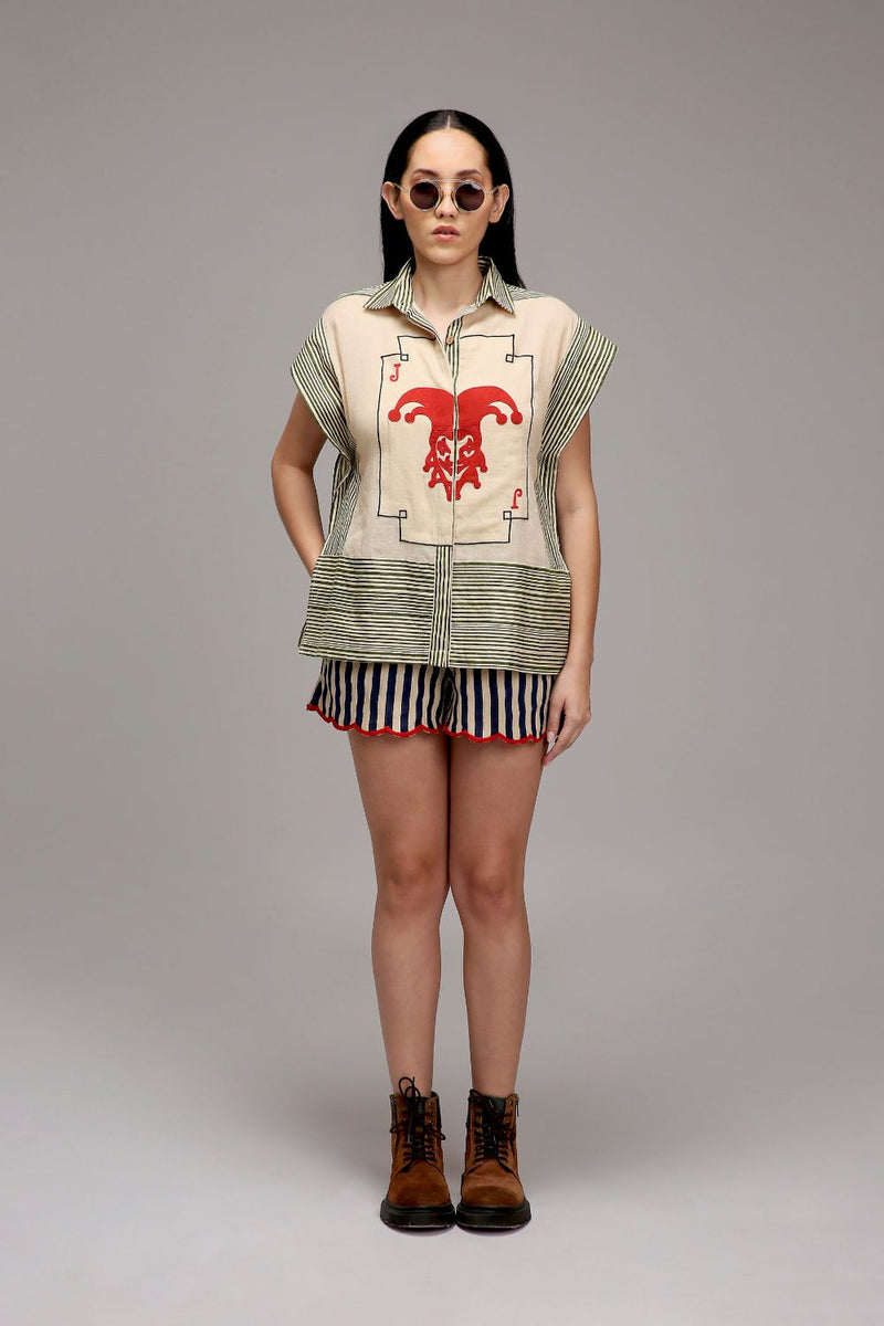 Egg-Shell Blue Striped Scallop Shorts cotton by Mati in white color for women in Singapore