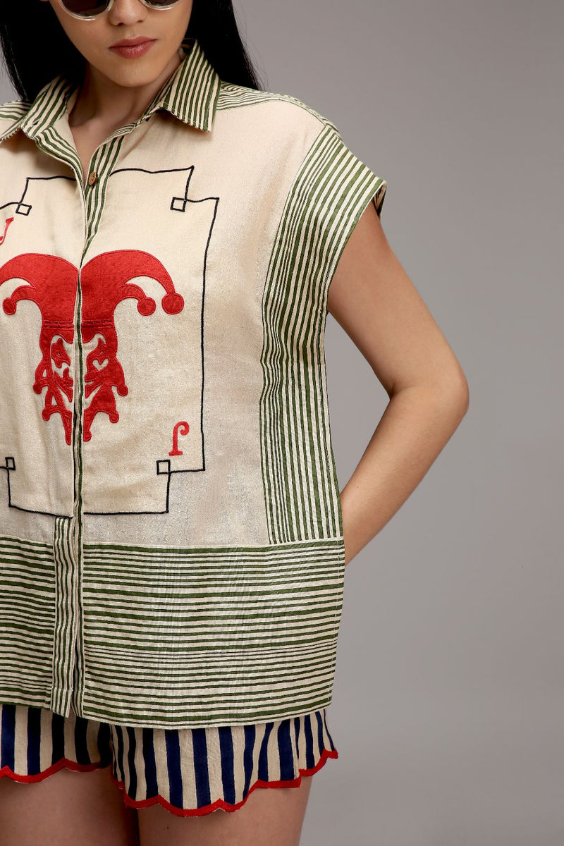 Egg-Shell Blue Striped Scallop Shorts cotton by Mati in white color for women in Singapore
