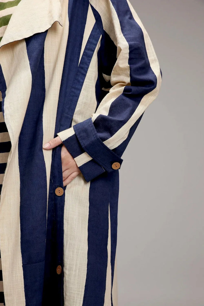 Egg-Shell Blue & Green Dual Stripe Dress Jacket Set (2 PCS) cotton by Mati in white color for women in Singapore