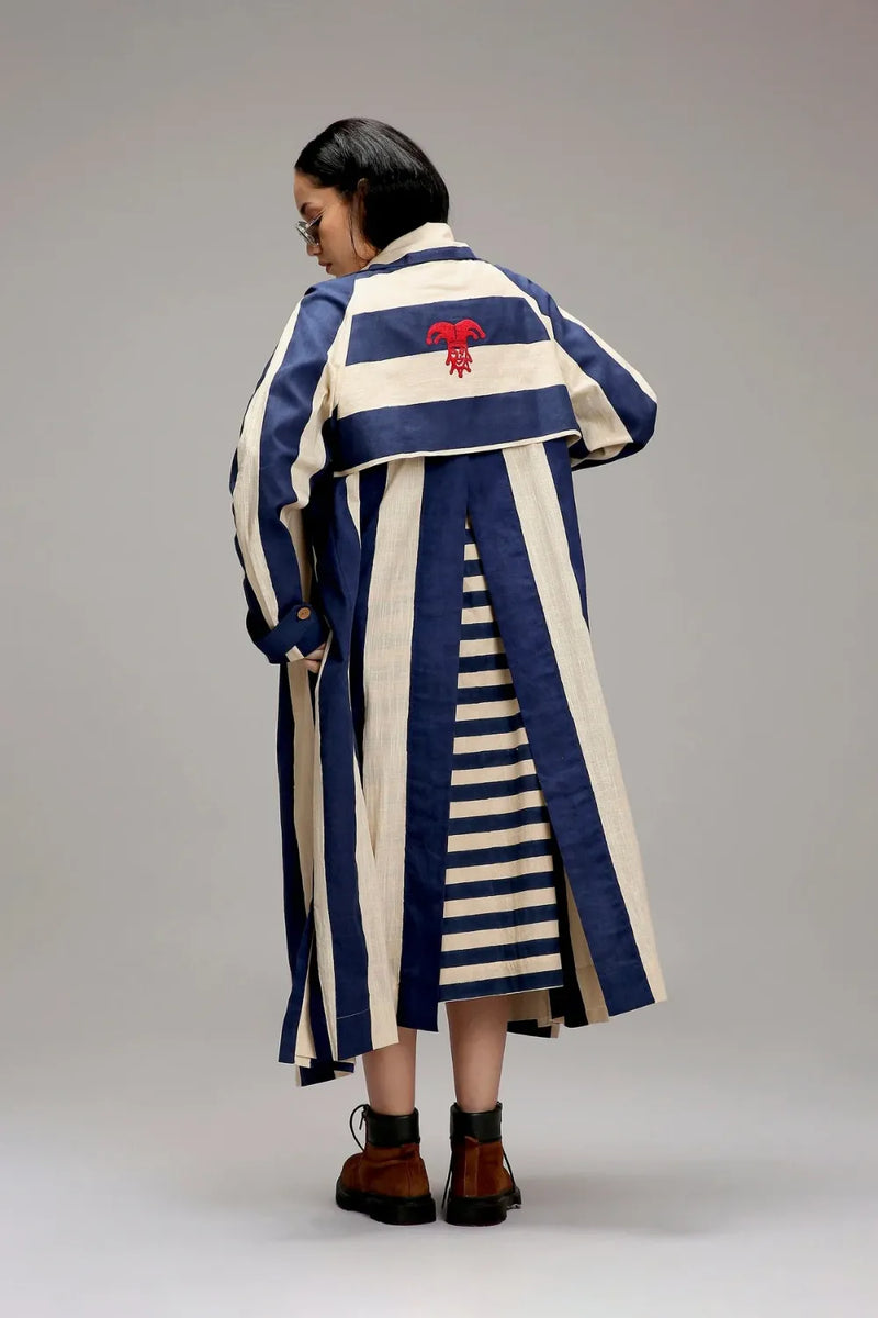 Egg-Shell Blue & Green Dual Stripe Dress Jacket Set (2 PCS) cotton by Mati in white color for women in Singapore