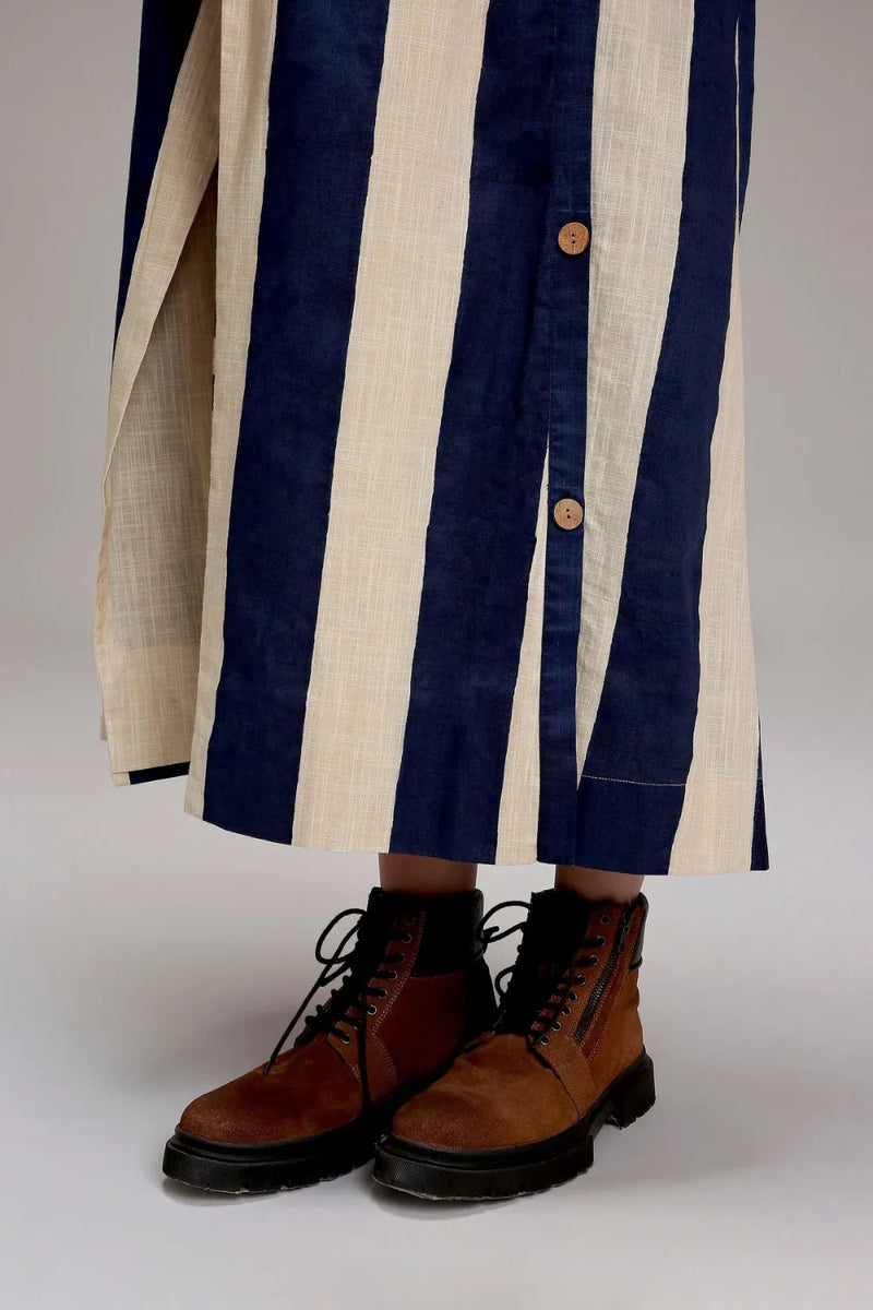 Egg-Shell Blue & Green Dual Stripe Dress Jacket Set (2 PCS) cotton by Mati in white color for women in Singapore