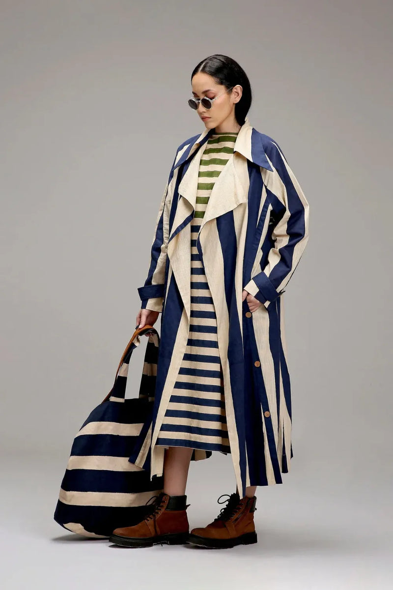 Egg-Shell Blue & Green Dual Stripe Dress Jacket Set (2 PCS) cotton by Mati in white color for women in Singapore