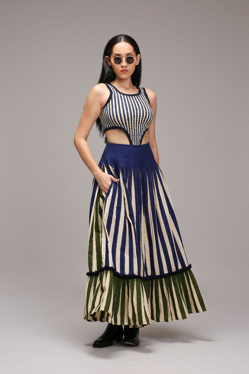 Egg-Shell Bodysuit Dual Striped Skirt Set (2 PCS) cotton by Mati in white color for women in Singapore