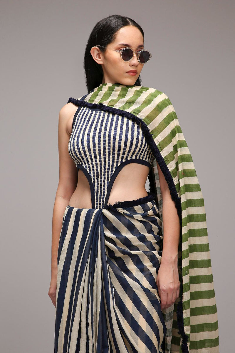 Egg-Shell Bodysuit & Dual Striped Saree Set (2 PCS) cotton by Mati in white color for women in Singapore