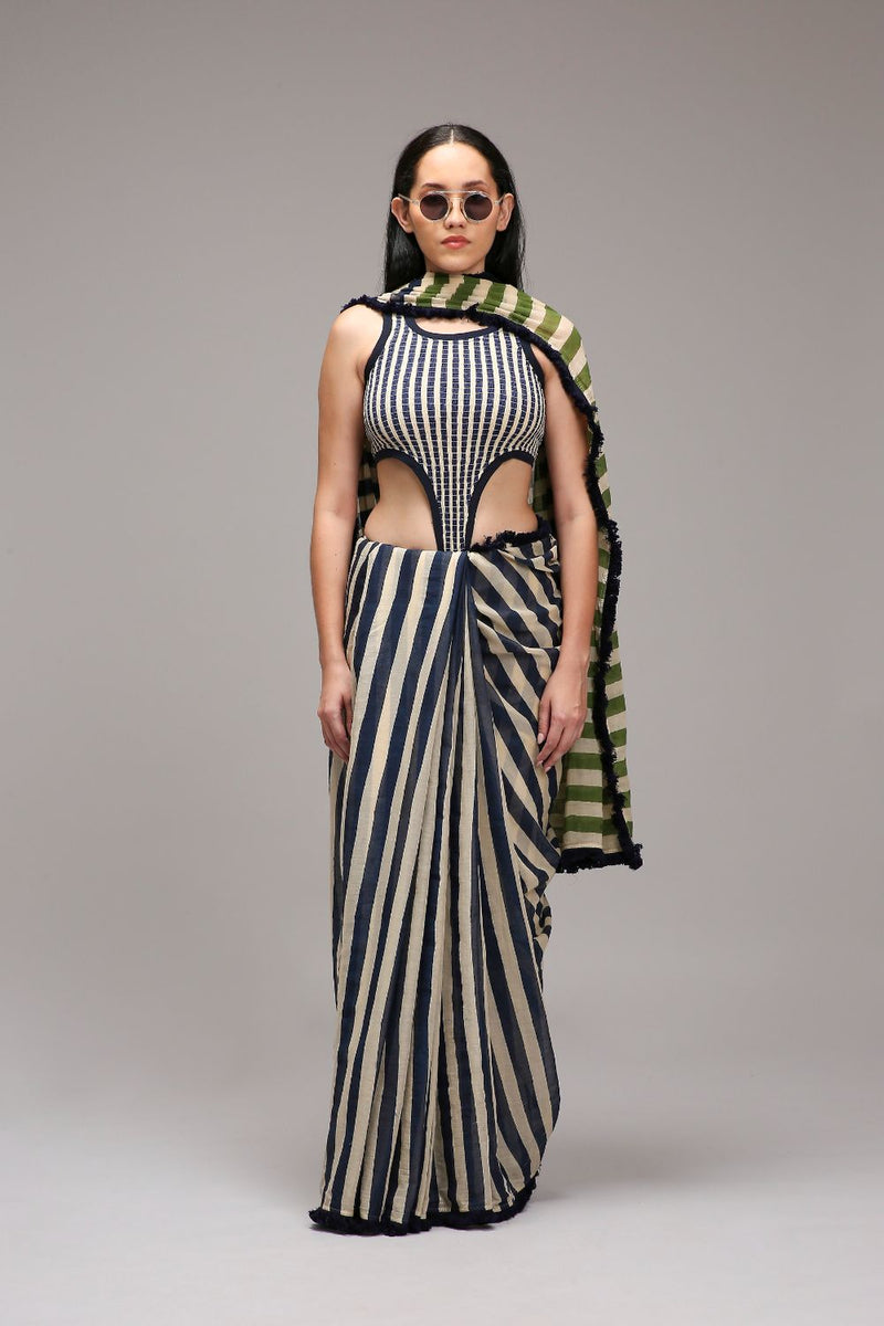 Egg-Shell Bodysuit & Dual Striped Saree Set (2 PCS) cotton by Mati in white color for women in Singapore