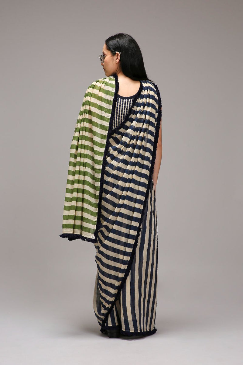 Egg-Shell Bodysuit & Dual Striped Saree Set (2 PCS) cotton by Mati in white color for women in Singapore