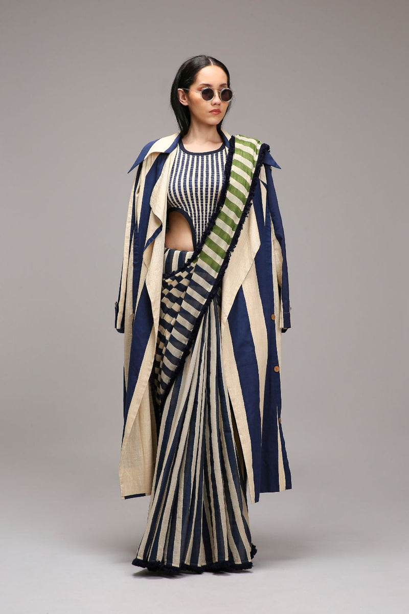 Egg-Shell Bodysuit with Trench & Dual Striped Saree Set (3 PCS) cotton by Mati in white color for women in Singapore