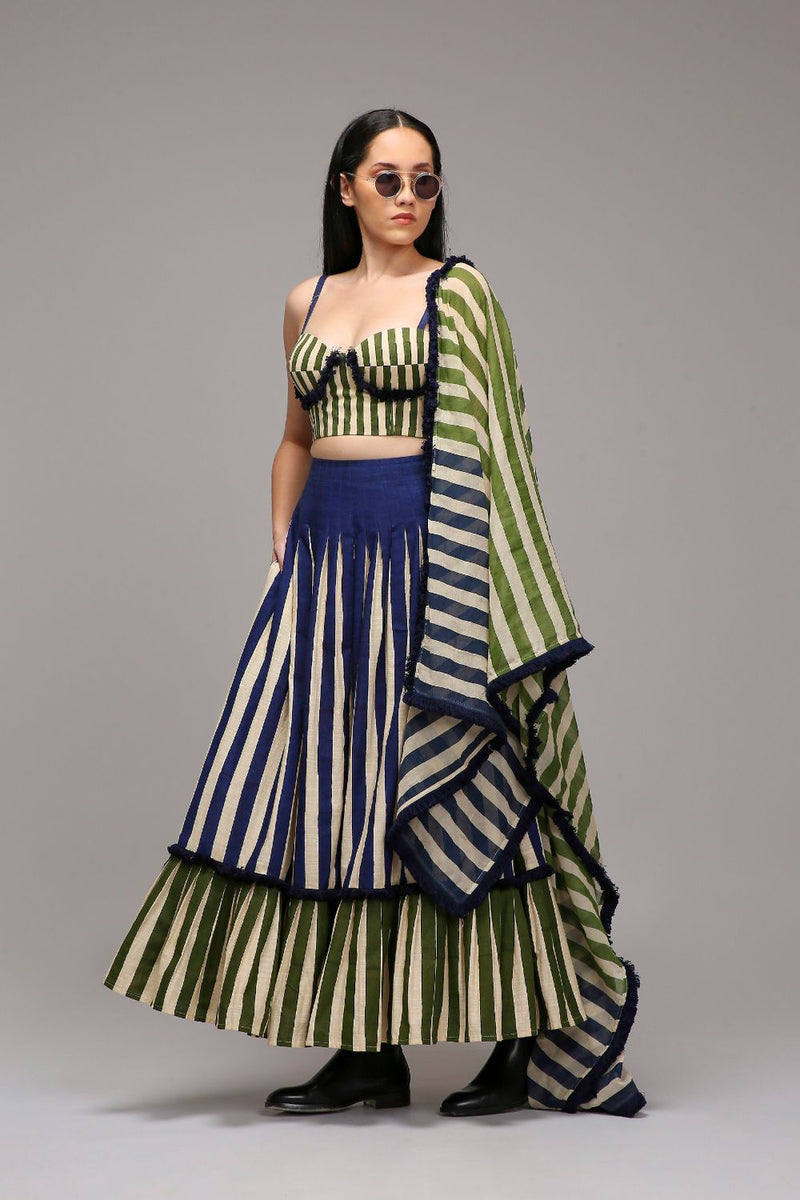 Egg-Shell Corset Dual Striped Stole Skirt Set (3 PCS) cotton by Mati in white color for women in Singapore