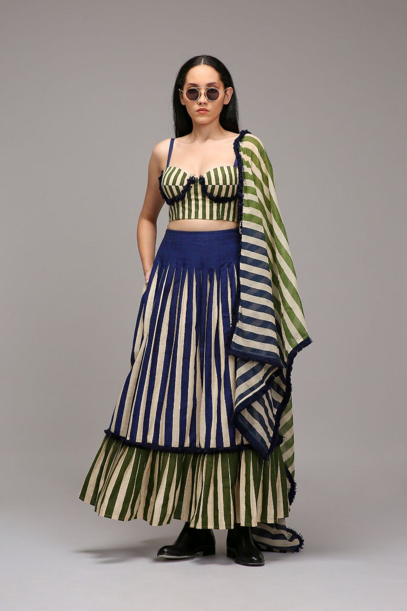 Egg-Shell Corset Dual Striped Stole Skirt Set (3 PCS) cotton by Mati in white color for women in Singapore
