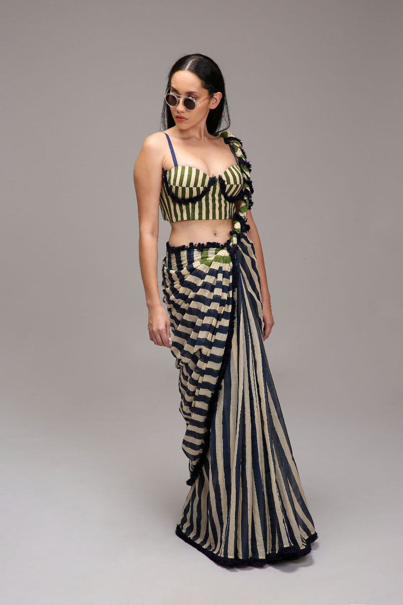 Egg-Shell Corset & Dual Striped Saree Set (2 PCS) cotton by Mati in white color for women in Singapore