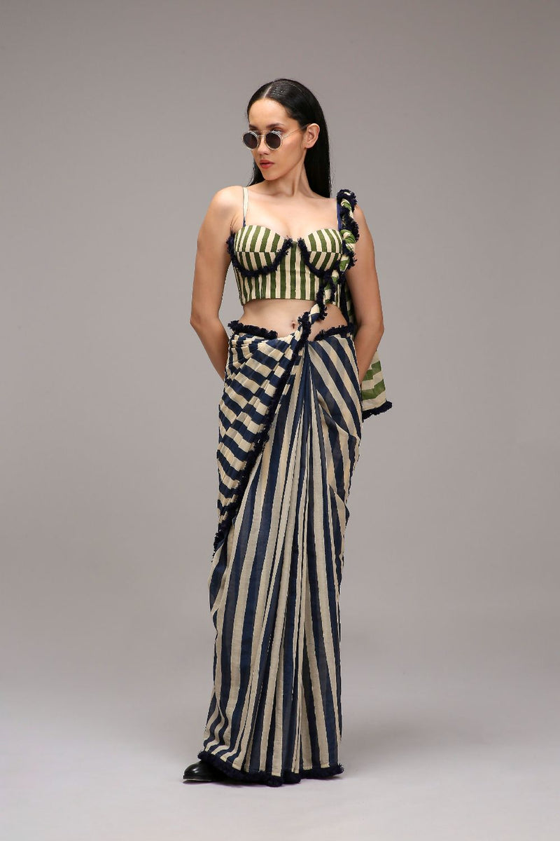 Egg-Shell Corset & Dual Striped Saree Set (2 PCS) cotton by Mati in white color for women in Singapore