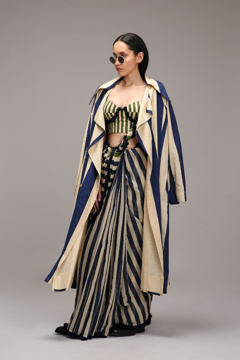 Egg-Shell Corset with Trench & Dual Striped Saree Set (3 PCS) cotton by Mati in white color for women in Singapore