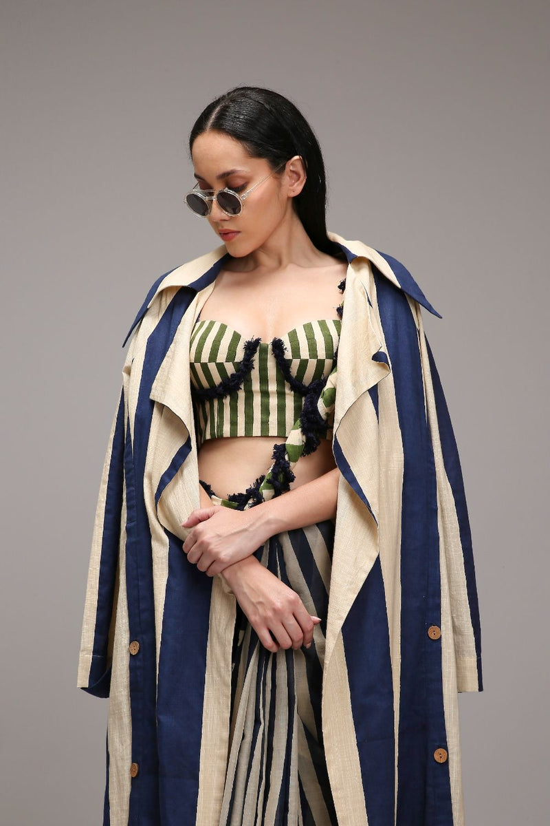Egg-Shell Corset with Trench & Dual Striped Saree Set (3 PCS) cotton by Mati in white color for women in Singapore