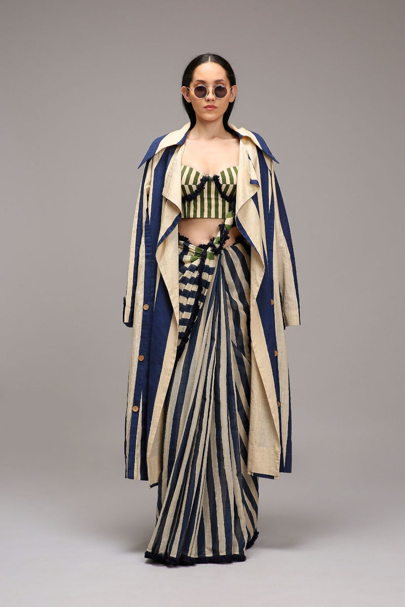 Egg-Shell Corset with Trench & Dual Striped Saree Set (3 PCS) cotton by Mati in white color for women in Singapore