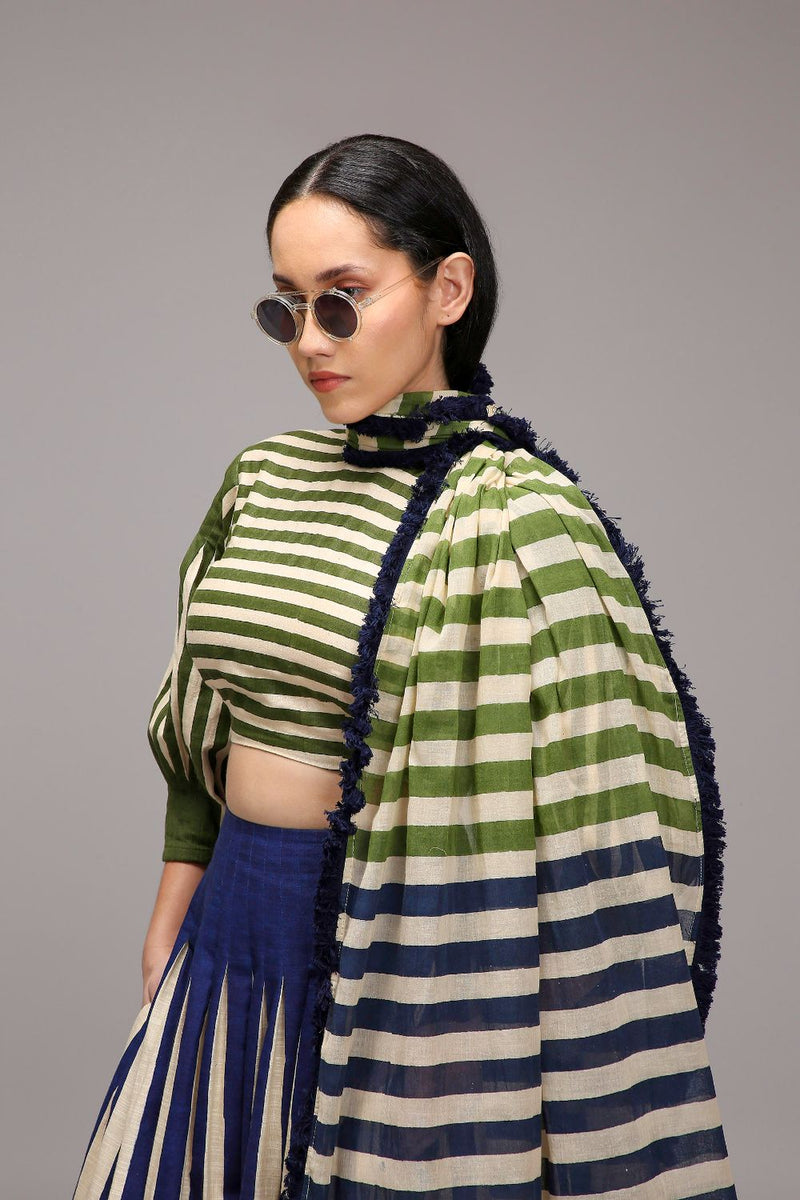 Egg-Shell Crop Top Dual Striped Stole Skirt Set (3 PCS) cotton by Mati in white color for women in Singapore