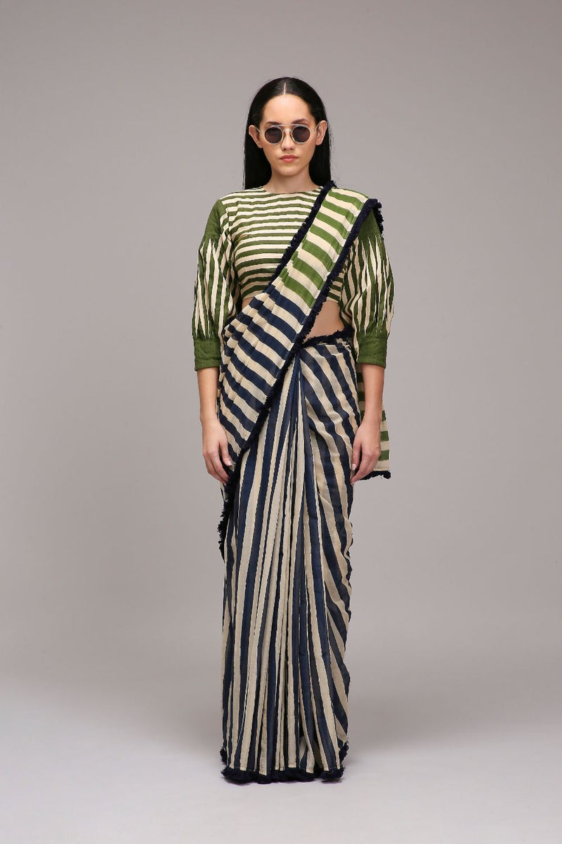 Egg-Shell Crop Top & Dual Striped Saree Set (2 PCS) cotton by Mati in white color for women in Singapore