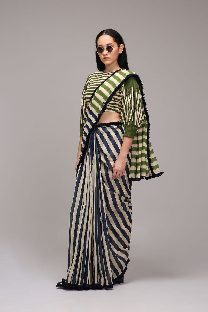 Egg-Shell Crop Top & Dual Striped Saree Set (2 PCS) cotton by Mati in white color for women in Singapore