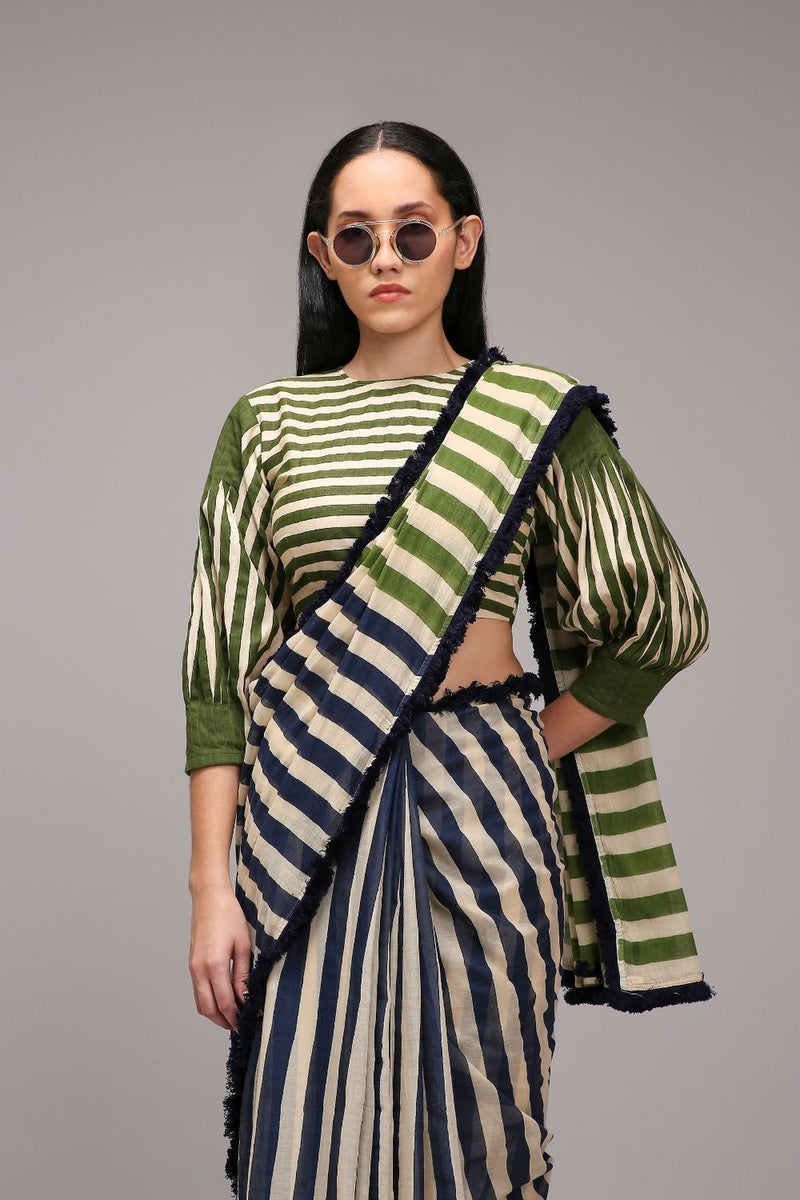Egg-Shell Crop Top & Dual Striped Saree Set (2 PCS) cotton by Mati in white color for women in Singapore
