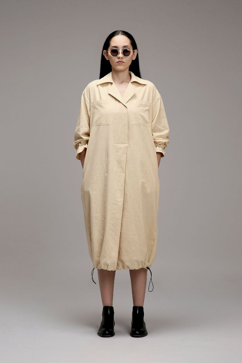 Egg-Shell Elasticated Shirt Dress cotton by Mati in white color for women in Singapore