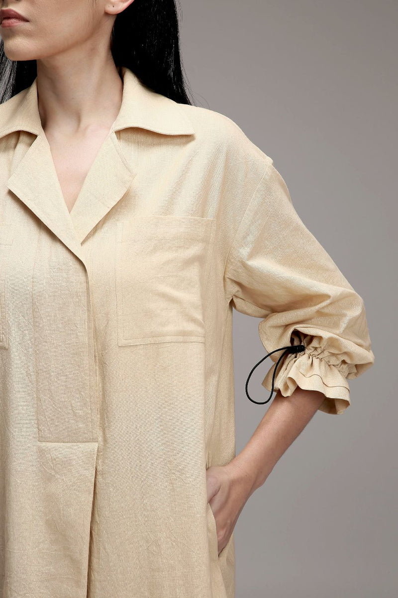 Egg-Shell Elasticated Shirt Dress cotton by Mati in white color for women in Singapore