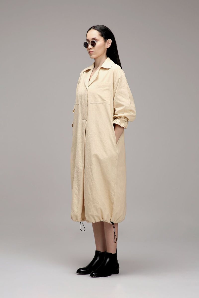 Egg-Shell Elasticated Shirt Dress cotton by Mati in white color for women in Singapore